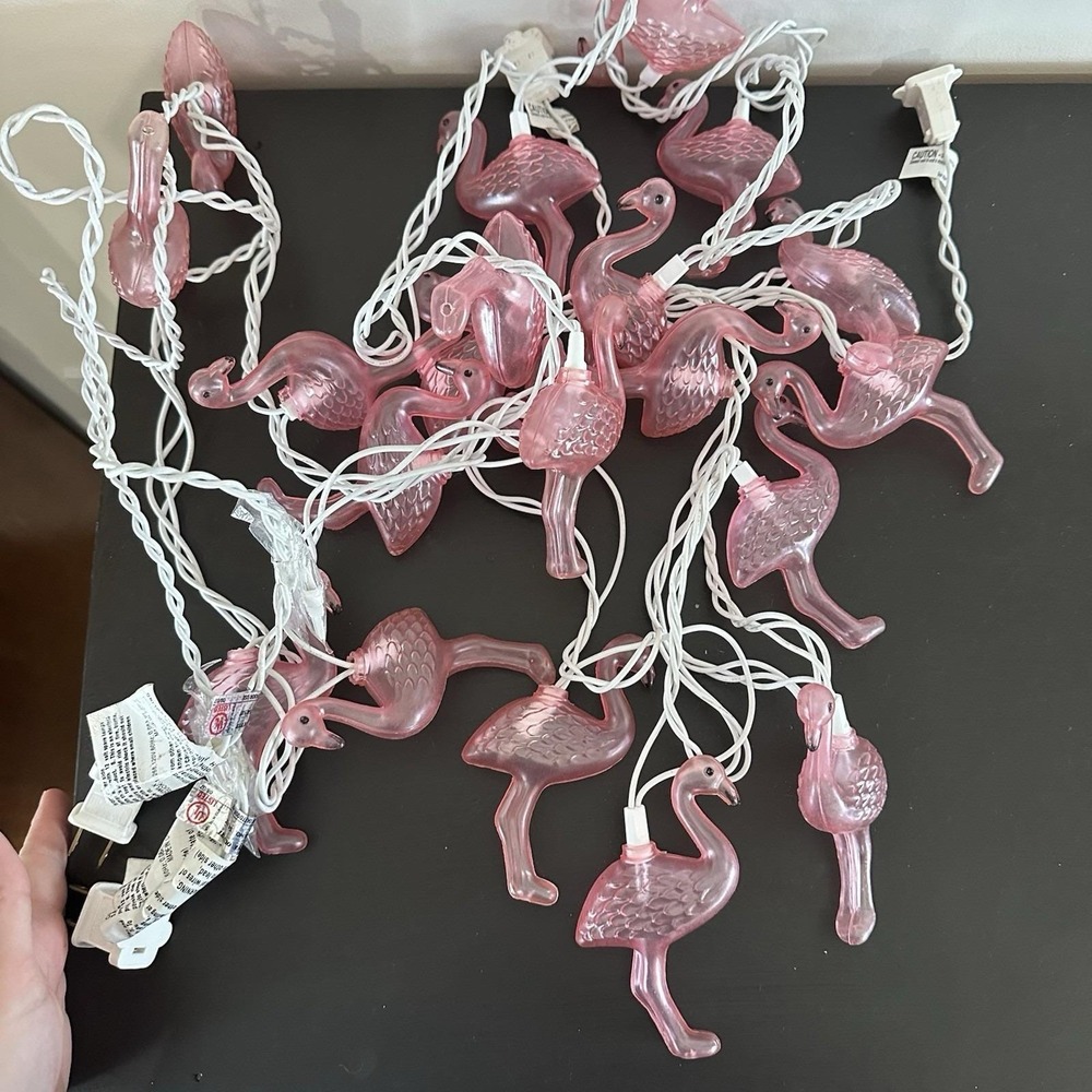 VTG 2 Strands Blow Mold 20 Flamingo String Lights Tropical Party Luau READ Pink